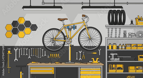 Detailed Illustration of a Bicycle Repair Shop with Tools and Equipment for Maintanence