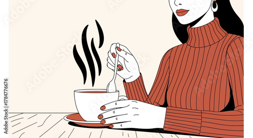 Elegant woman enjoying hot beverage in a cozy atmosphere line art illustration