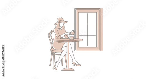 Elegant Woman Enjoying Tea in a Cafe Minimalist Line Art Illustration Style Design