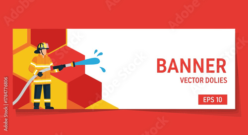 Firefighter Banner with Water Hose and Hexagonal Background for Emergency Services Promotion