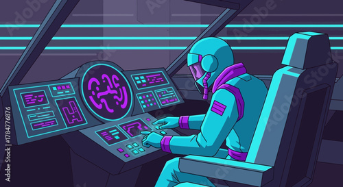 Futuristic astronaut in cockpit navigating spaceship through neon-lit space station