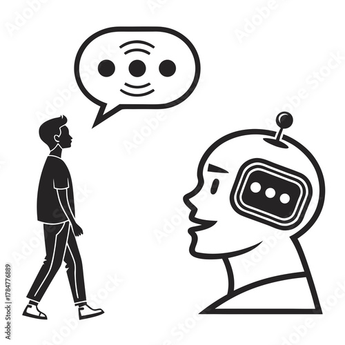 Man communicates with a robot through a speech bubble and ai interface
