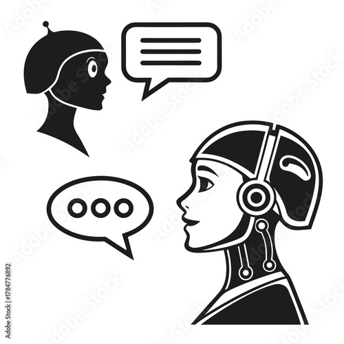 Robots communicating with speech bubbles in a conversation