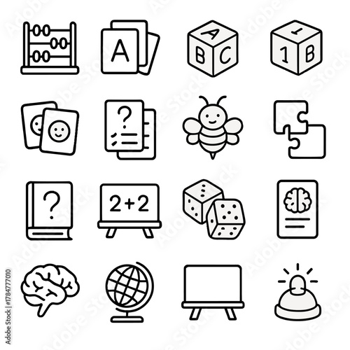 Education linear icon set. featuring abc, abacus, book, puzzle, brain, bee, globe, board, and quiz symbols