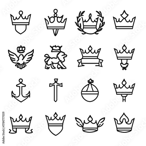 Royal symbols linear icon set. featuring crown, eagle, lion, anchor, sword, and shield designs