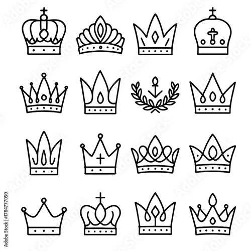 Crown silhouette icon set. featuring king, queen, royal, tiara, monarchy, and empire symbols