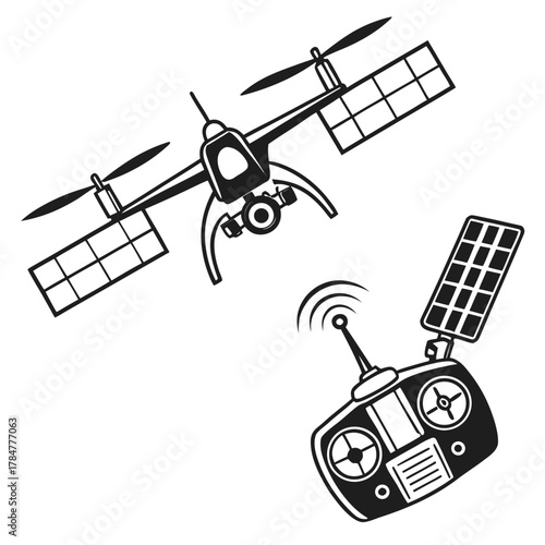 Drone with solar panels and remote control icon