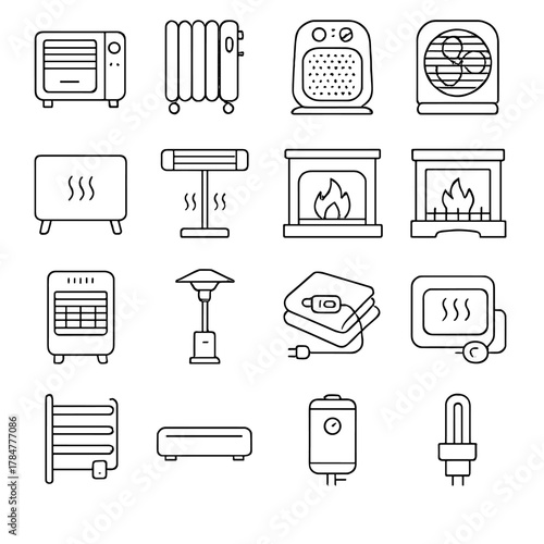 Heating equipment linear icon set. featuring radiator, heater, fan, fireplace, infrared, and thermostat symbols