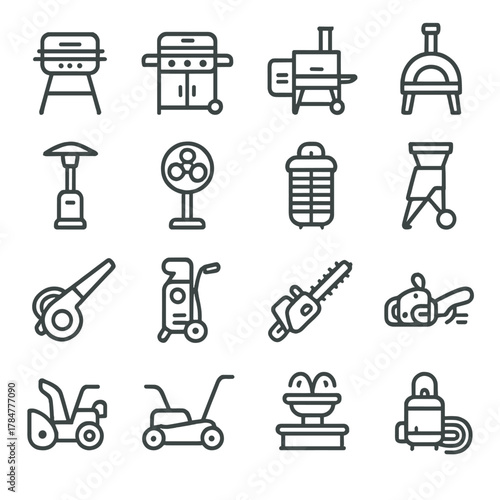 Garden and bbq linear icon set. featuring grill, pizza oven, blower, lawn mower, and chainsaw symbols