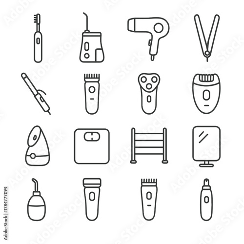 Personal care linear icon set. featuring toothbrush, trimmer, hairdryer, razor, scales, mirror, and humidifier symbols