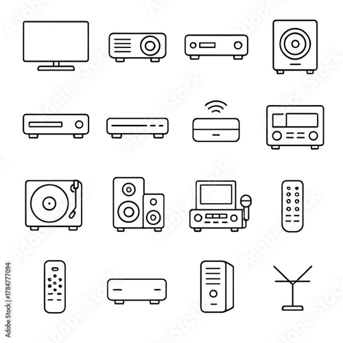 Home entertainment linear icon set. featuring tv, projector, speakers, turntable, remote, receiver, microphone, router