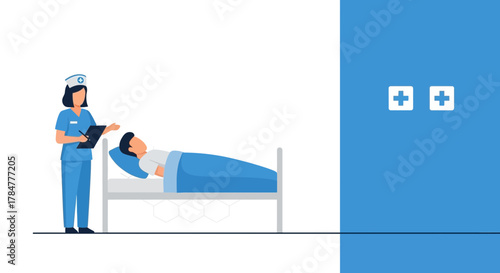 Illustrated nurse attending patient in hospital bed for medical checkup scenario design