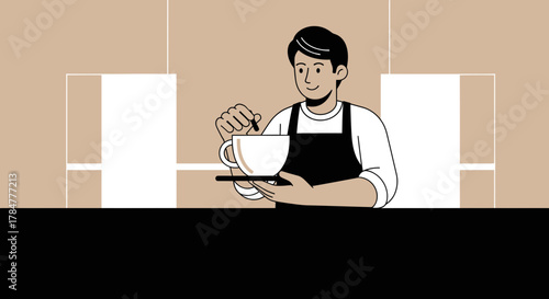 Illustration of a barista preparing coffee with minimalist design and muted color palette