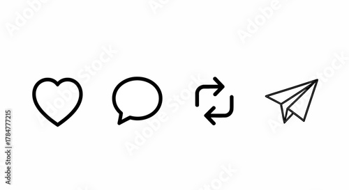 A minimalist graphic design featuring a heart, speech bubble, refresh arrows, and paper airplane icons on a clean white background.