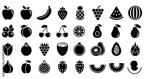 Collection of various fruit icons in black and white on a plain background