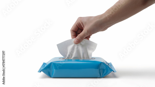 Hand Pulling Wet Wipe from Blue Package on White Background