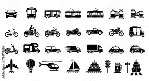 Collage of various transportation icons in black silhouette on white background