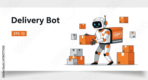Illustration of a modern delivery robot delivering boxes for e-commerce companies