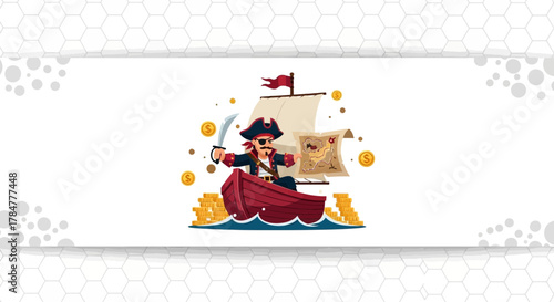Illustration of a pirate captain sailing a boat with a treasure map and gold coins