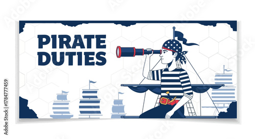 Illustration of a pirate performing his duties on a ship with a telescope in hand