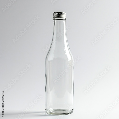 Wallpaper Mural A single empty clear glass bottle with a shiny silver metal cap standing vertically on a pure white background in a studio setting ,single ,product ,minimalism Torontodigital.ca