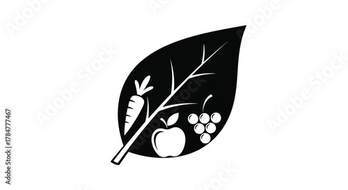 Stylized black leaf silhouette filled with white icons of fresh fruits and vegetables including a carrot apple and grapes