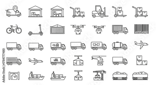 Collection of various transportation and industry icons in a flat line style on a white background.