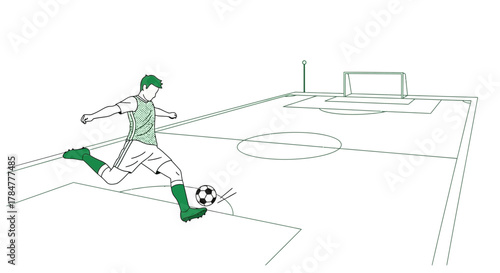 Illustration of a soccer player kicking a ball on a field towards the goal design concept for