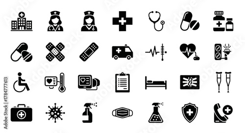 Collection of various medical and healthcare icons in black and white on a clean background