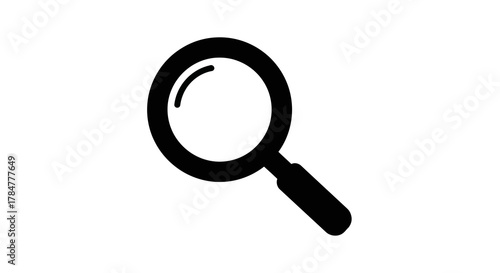 A magnifying glass icon on a white background with black color