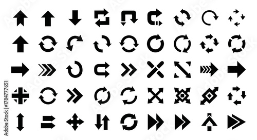 A collection of black arrows and symbols on a white background.