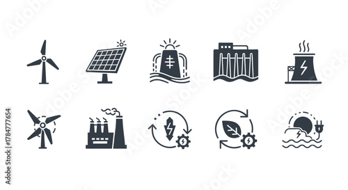 Collection of renewable energy icons including wind turbine solar panel hydroelectric dam and geothermal power plant