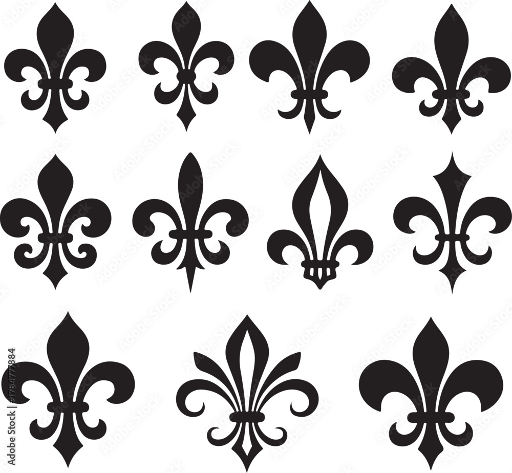 Obraz premium Collection of decorative fleur de lis symbols in black on white background
