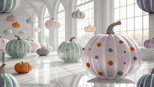Surreal pastel glass pumpkins floating in a bright white hall, dreamy decorative fantasy background with soft light reflections and elegant architectural interior atmospher