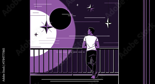 Man gazes at celestial scene with stars, moon, and eclipse from his balcony