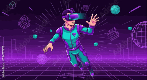 Immersive virtual reality experience with futuristic interface and retro aesthetic theme