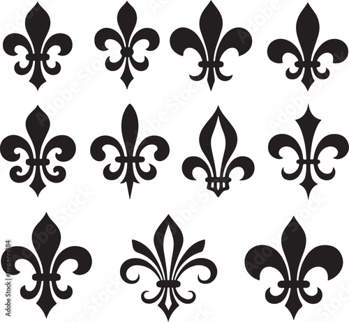 Collection of decorative fleur de lis symbols in black on white background