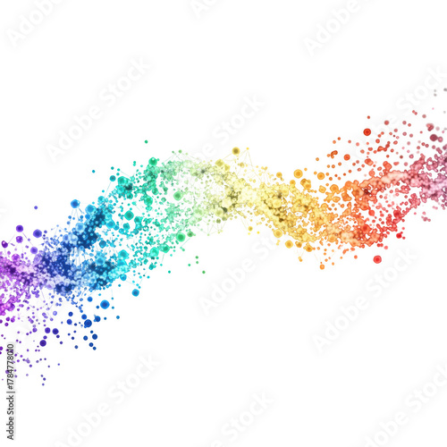 Colorful abstract wave of connected dots and lines in rainbow gradient on black Keywords: abstract, colorful, wave, connected, dots, lines, particles, gradient