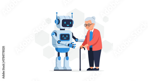 Robot caregiver assisting senior woman with walking cane illustrating future technology and