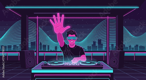 Neon DJ performing with vibrant synthwave visuals in a retro nightclub setting