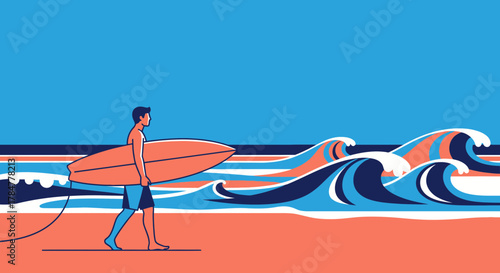 Surfer walking on beach with surfboard in vibrant abstract ocean scene illustration