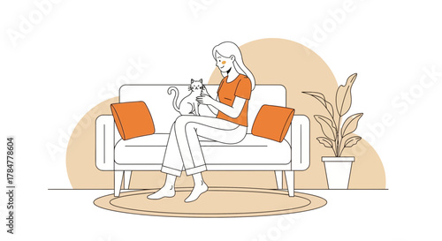 Woman relaxing on sofa with pet cat, domestic bliss illustration and enjoying leisure time inside