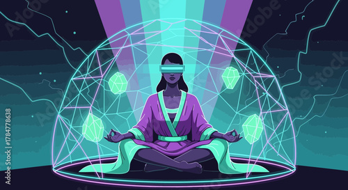Woman meditating with VR glasses in a digital dome enhancing mental clarity and focus