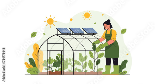 Woman tending to plants in a sustainable solar powered greenhouse illustration