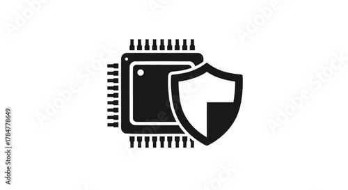 Digital security icon representing a protected computer chip with a shield symbolizing data privacy and hardware integrity