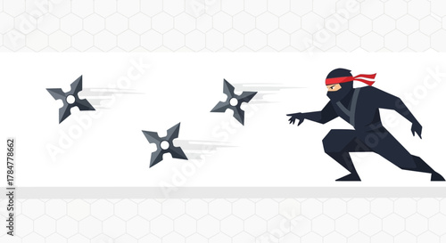 A captivating vector illustration of a ninja warrior throwing shurikens with precision and agility