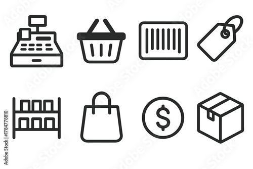 Shopping and retail linear icons set. featuring register, basket, barcode, tag, shelf, bag, dollar, box