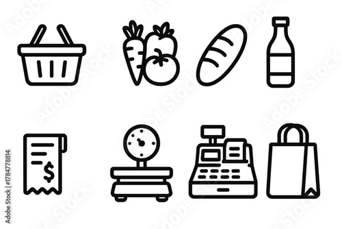 Supermarket essentials linear icon set. featuring basket, vegetables, bread, milk, receipt, scale, register, and bag icons