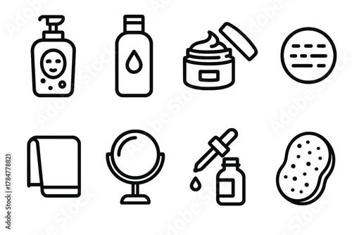 Beauty and self-care linear icon set. featuring soap dispenser, lotion, cream, compact, towel, mirror, dropper, sponge