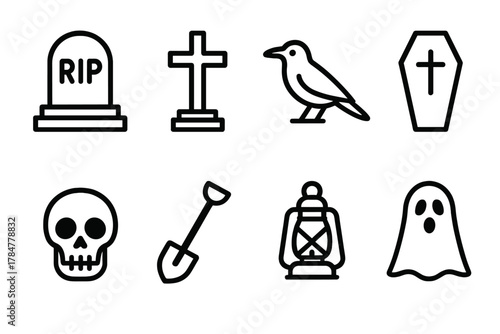 Halloween linear icon set. featuring tombstone, cross, crow, coffin, skull, shovel, lantern, and ghost symbols